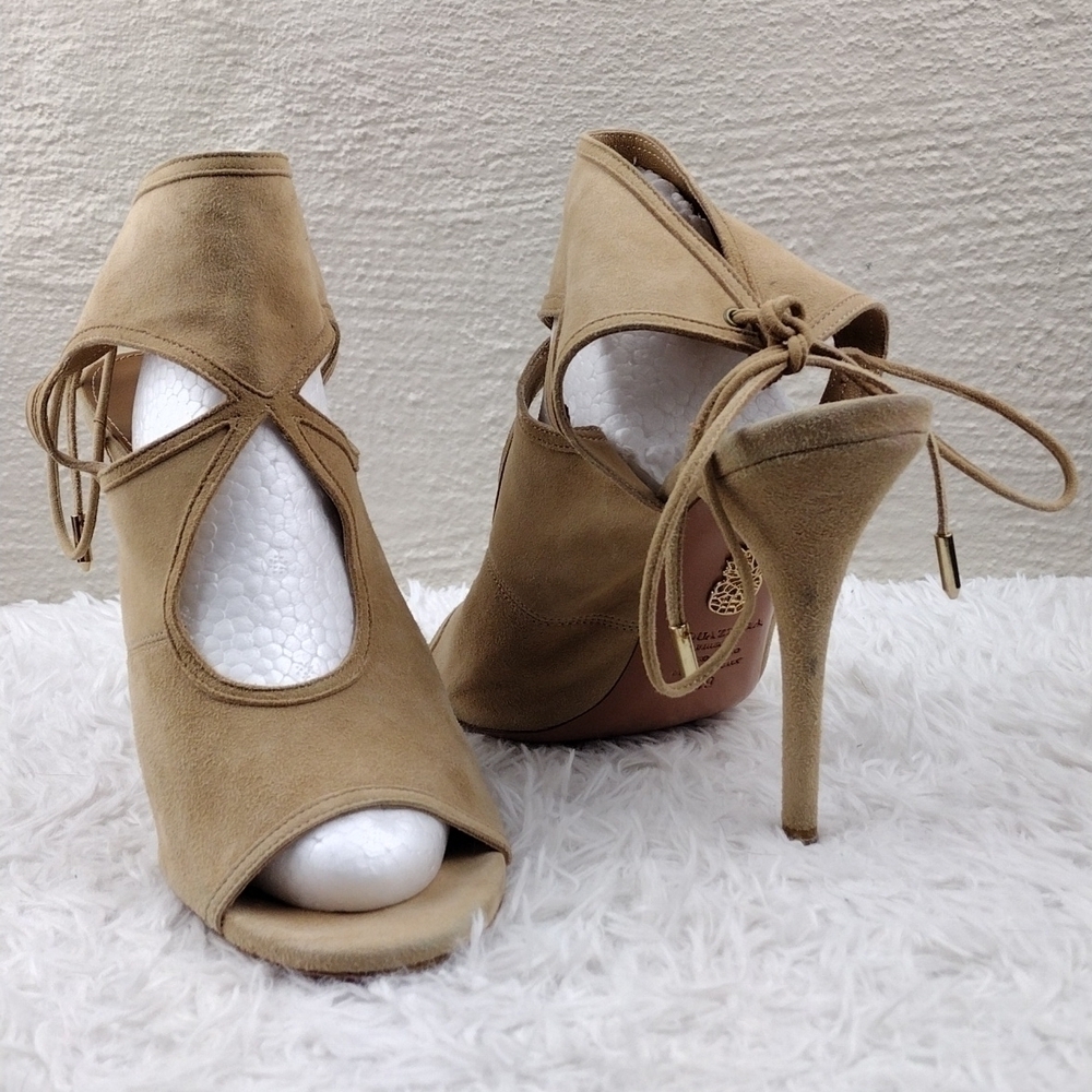 Aquazzura Firenze Tan Suede Leather Open Toe Tie Back Ankle Cuff Stiletto Heels